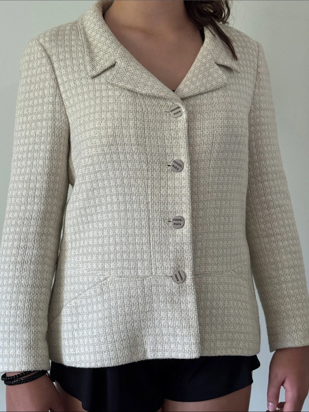 CHANEL Cream Bouclé Jacket with Signature Logo Buttons